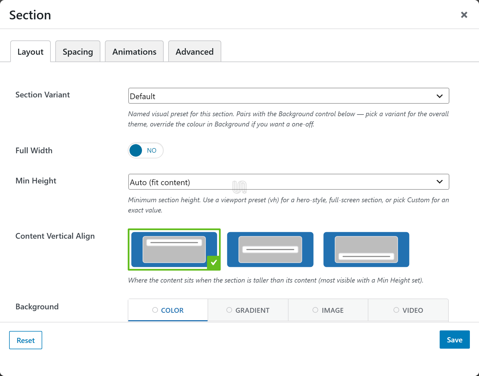 The Unyson+ section options panel